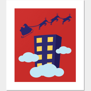 Santa flying sleigh past skyscraper Posters and Art